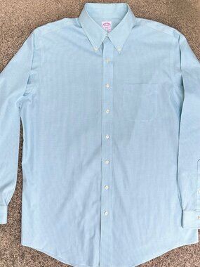 Men's BROOKS BROTHERS 346 Aqua Micro Check Button Down Shirt 17 1/2x37 No Iron
